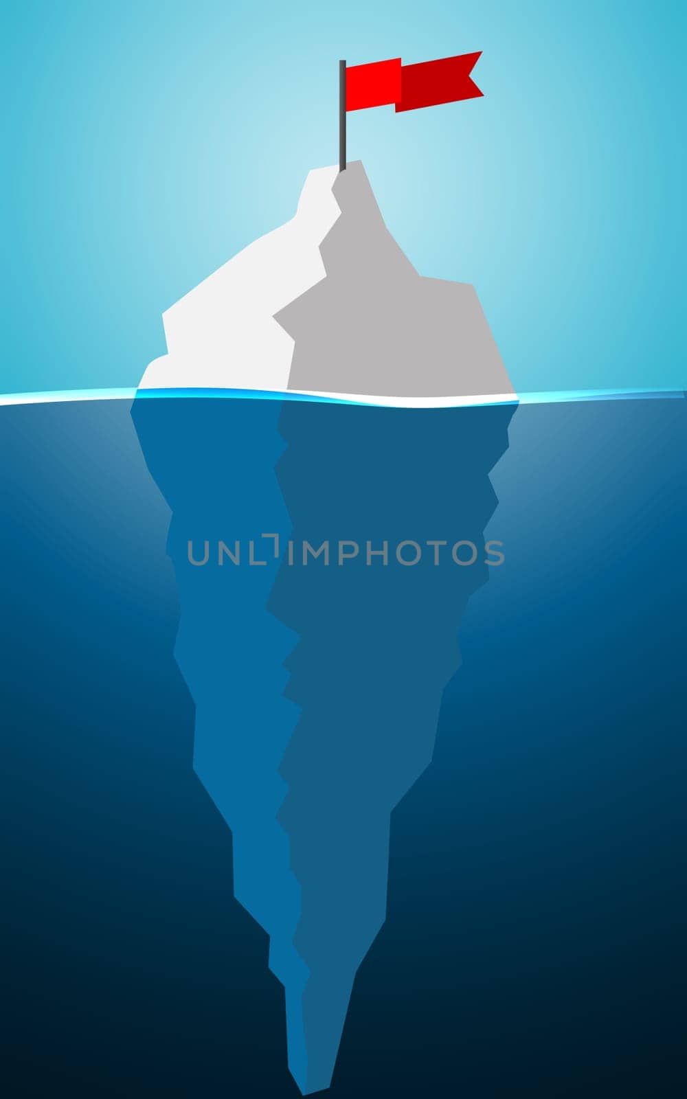 Iceberg in ocean with red flag, 3D rendering