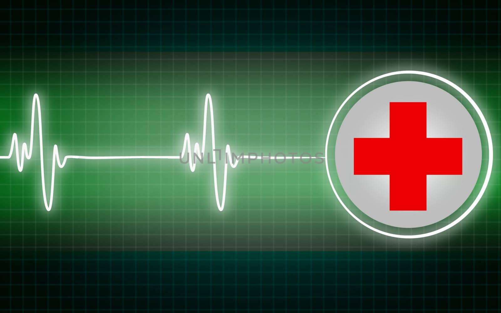 Medical cross symbol with heartbeat in green, 3D rendering