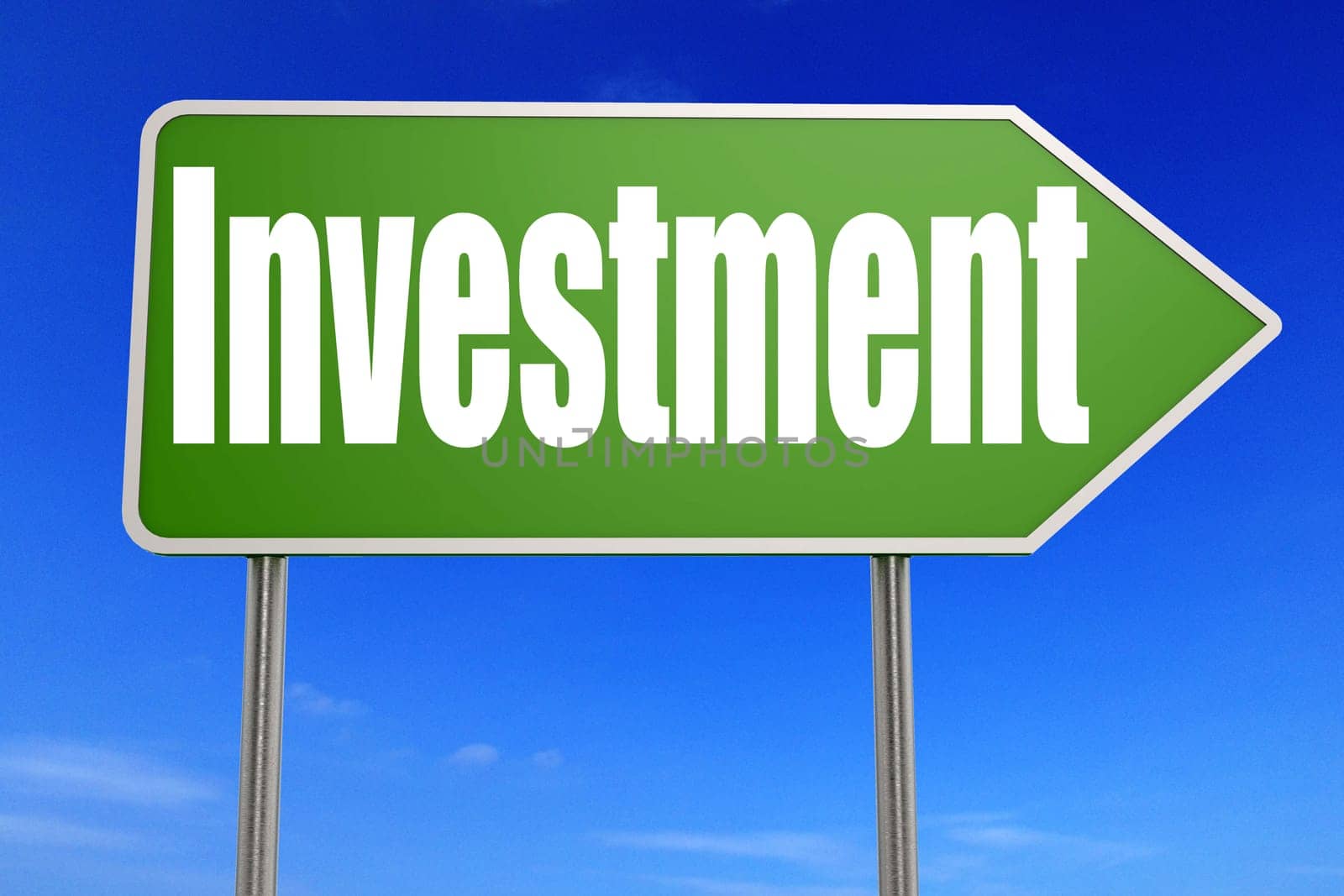 Investment word on green road sign, 3D rendering