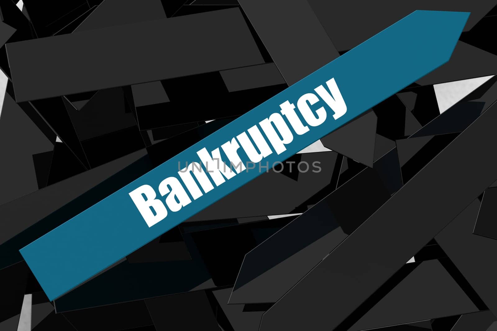 Bankruptcy word on the blue arrow, 3D rendering
