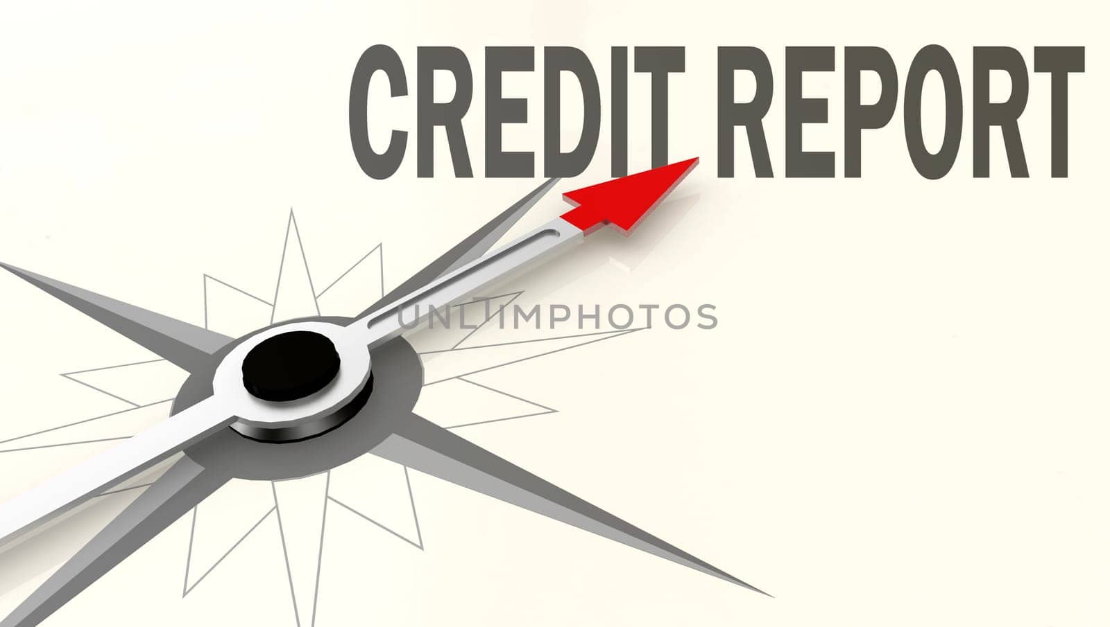 Credit report word on compass with red arrow, 3D rendering