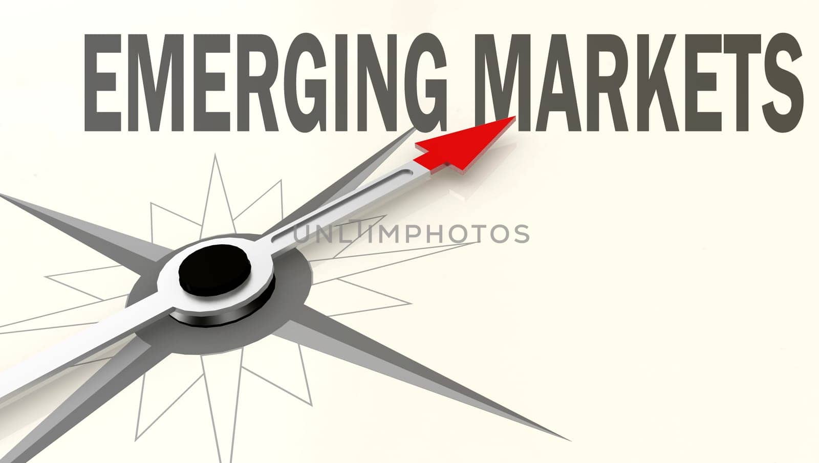 Emerging markets word on compass with red arrow, 3D rendering