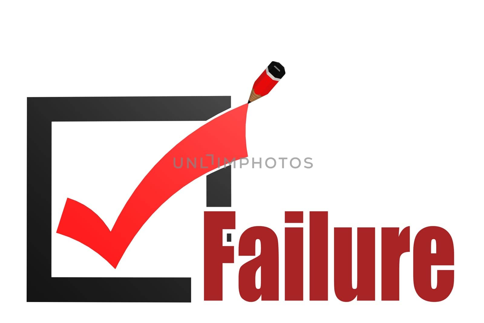 Failure word with check mark and pencil, 3D rendering