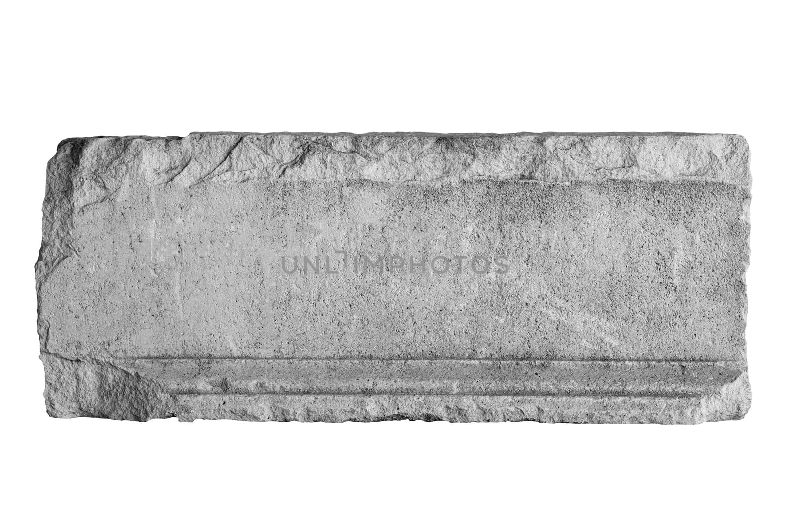 front view closeup of empty antique large square plaque of stone with irregular edges and carved texture isolated on white background