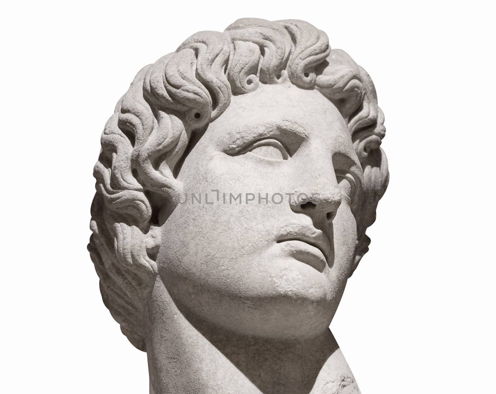 front view closeup of man looking up antique white marble bust statue isolated on white background
