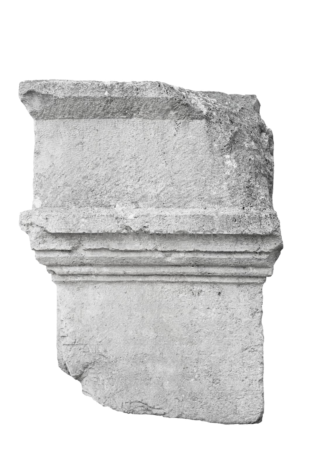 front view closeup of large vertical square fragment of antique classical stone column with weathered texture isolated on white background