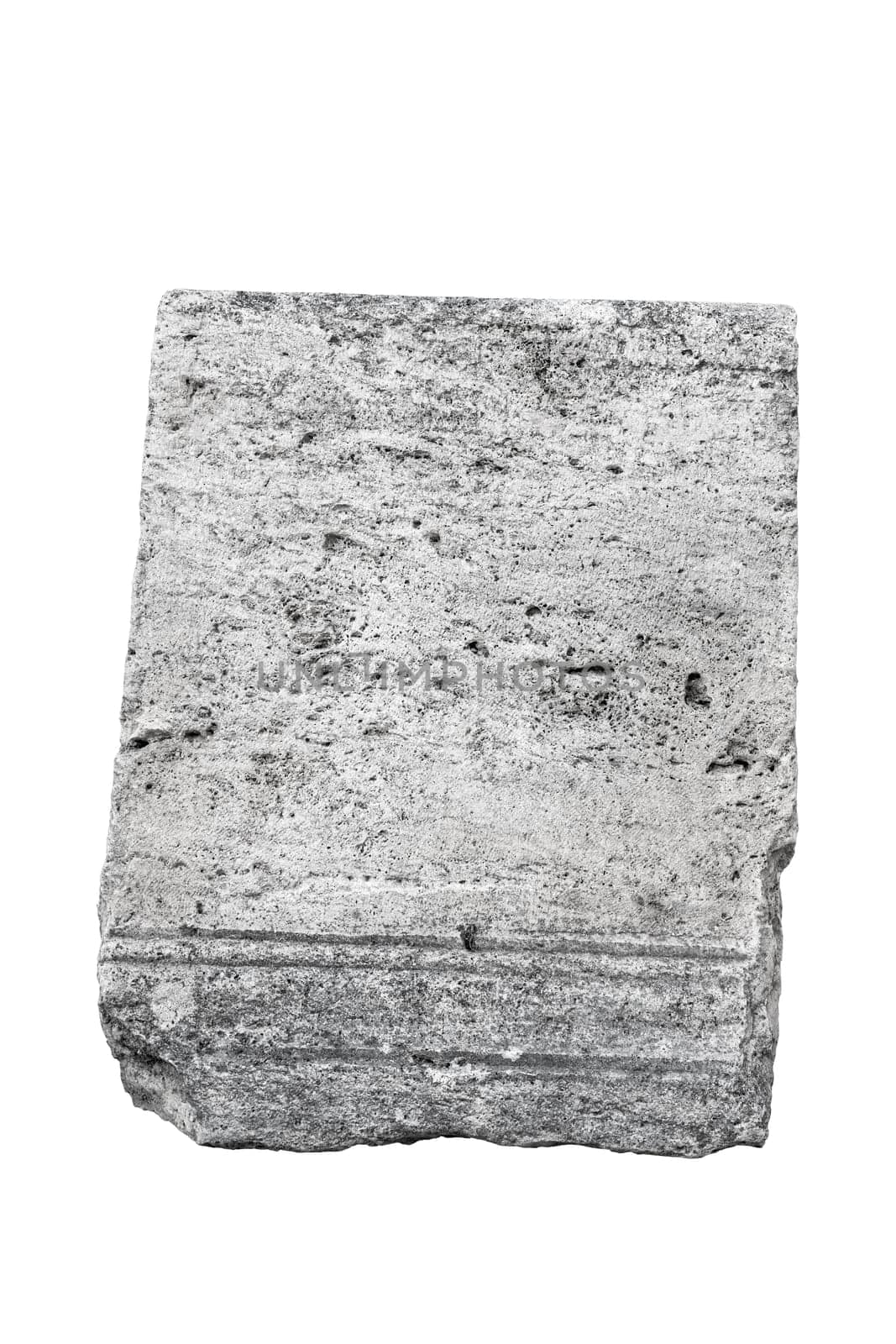 front view closeup of large vertical square fragment of antique classical stone column with weathered texture isolated on white background