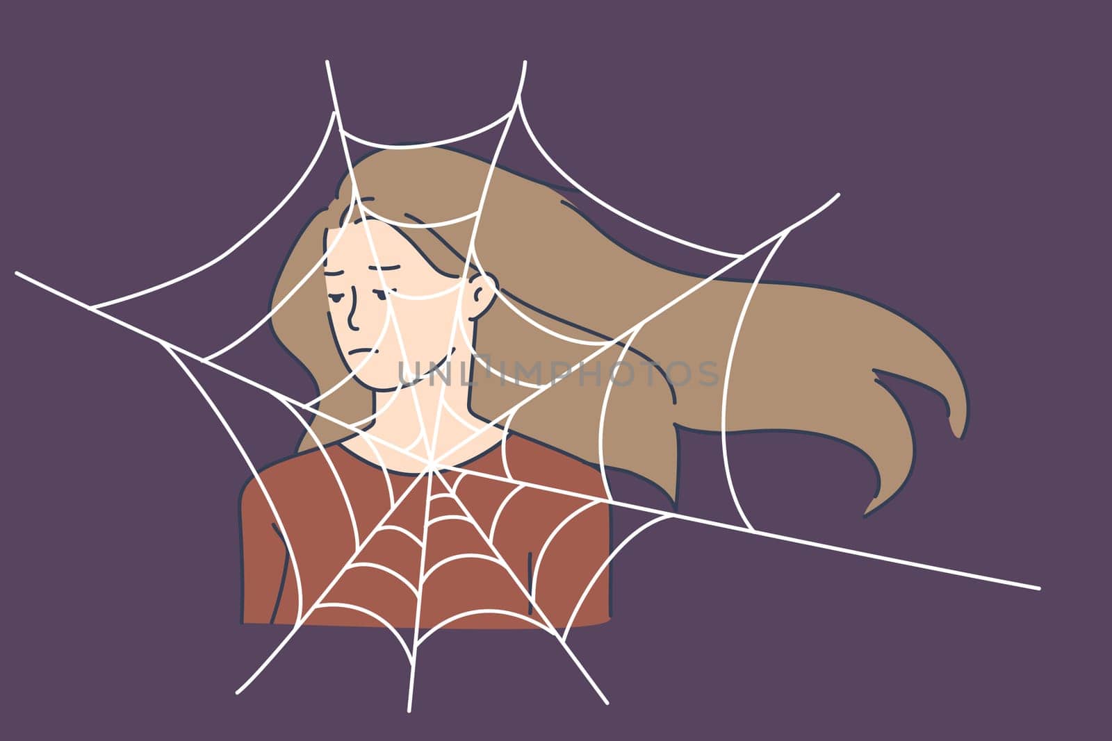 Unhappy young woman feel depressed distressed have life problems suffer from anxiety. Sad upset girl locked in depression doodle, spider web. Mental health concept. Flat vector illustration.