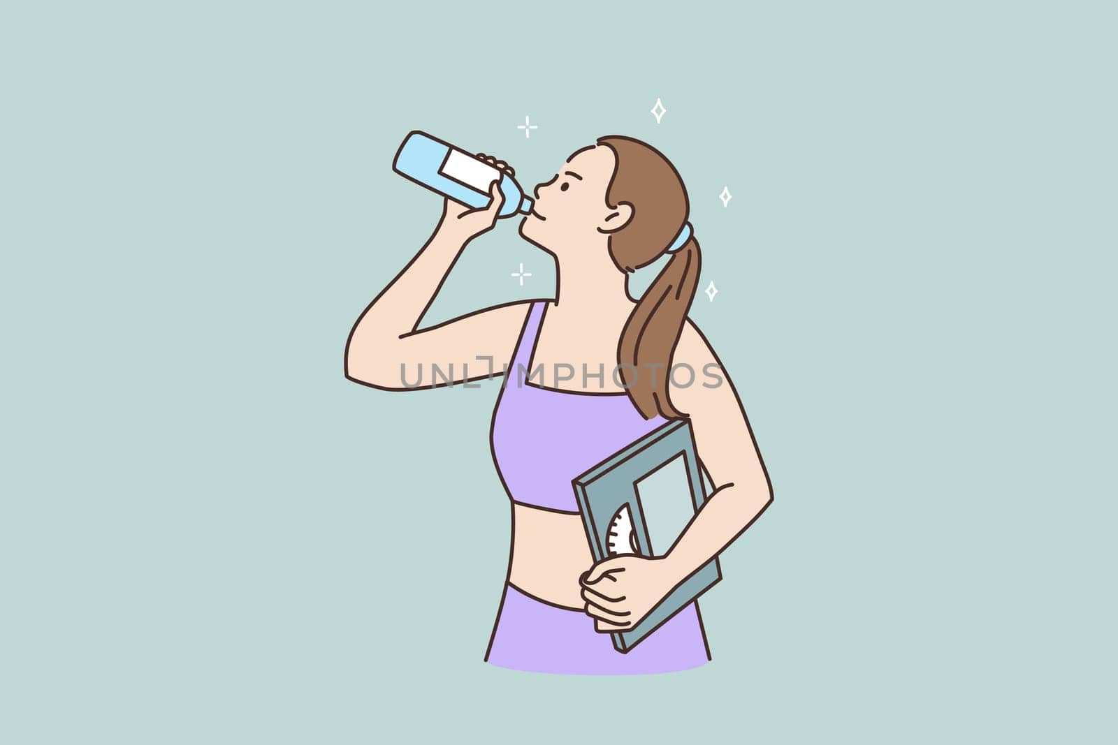 Toned millennial girl hold weight scales drink water from bottle follow healthy lifestyle. Young woman take care of body weight, keep water balance. Sport, diet concept. Vector illustration.