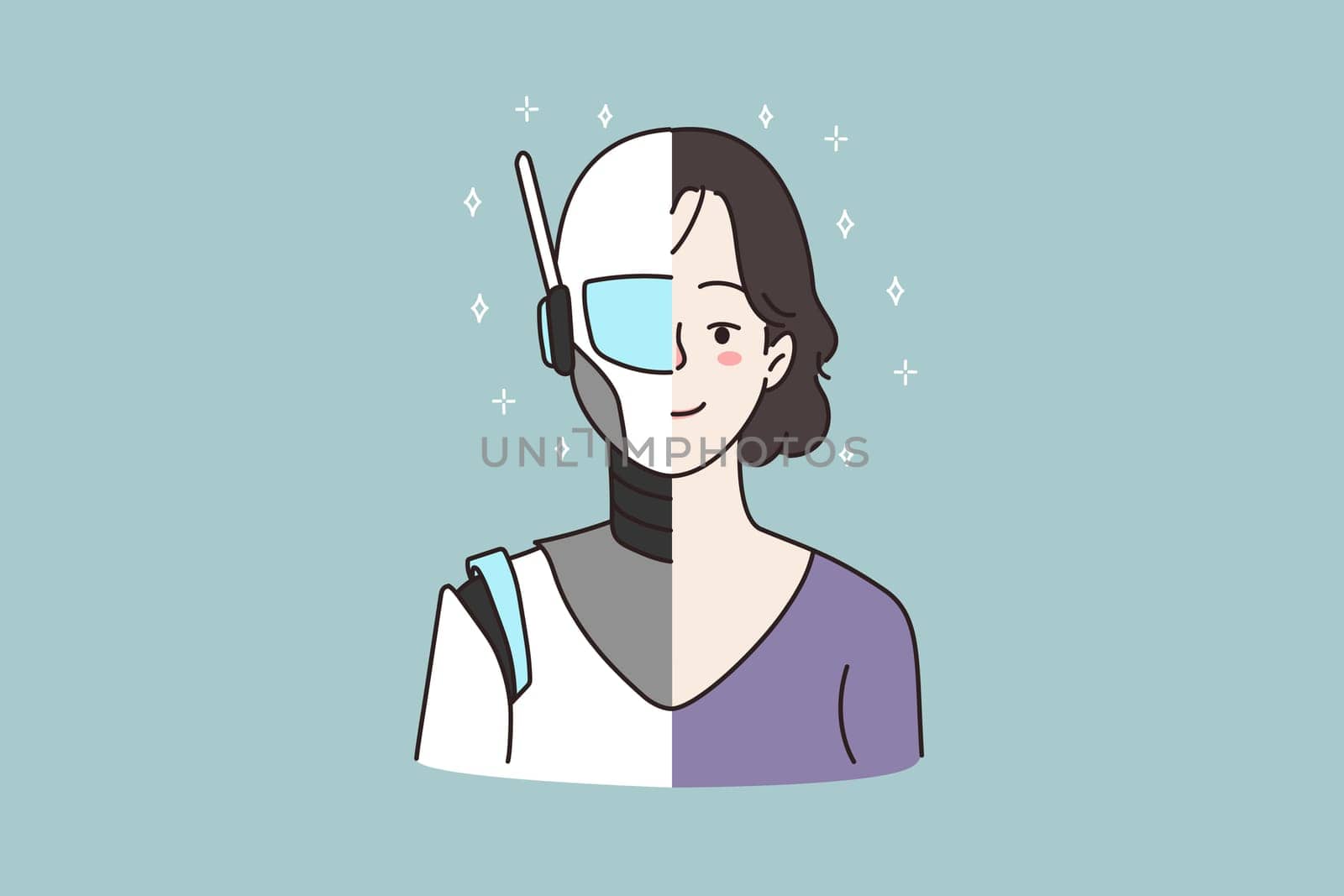 Profile portrait picture face of half robot half human. Woman cyborg and person on one photo. Artificial intelligence, futuristic virtual digital female model. Innovation. Flat vector illustration.