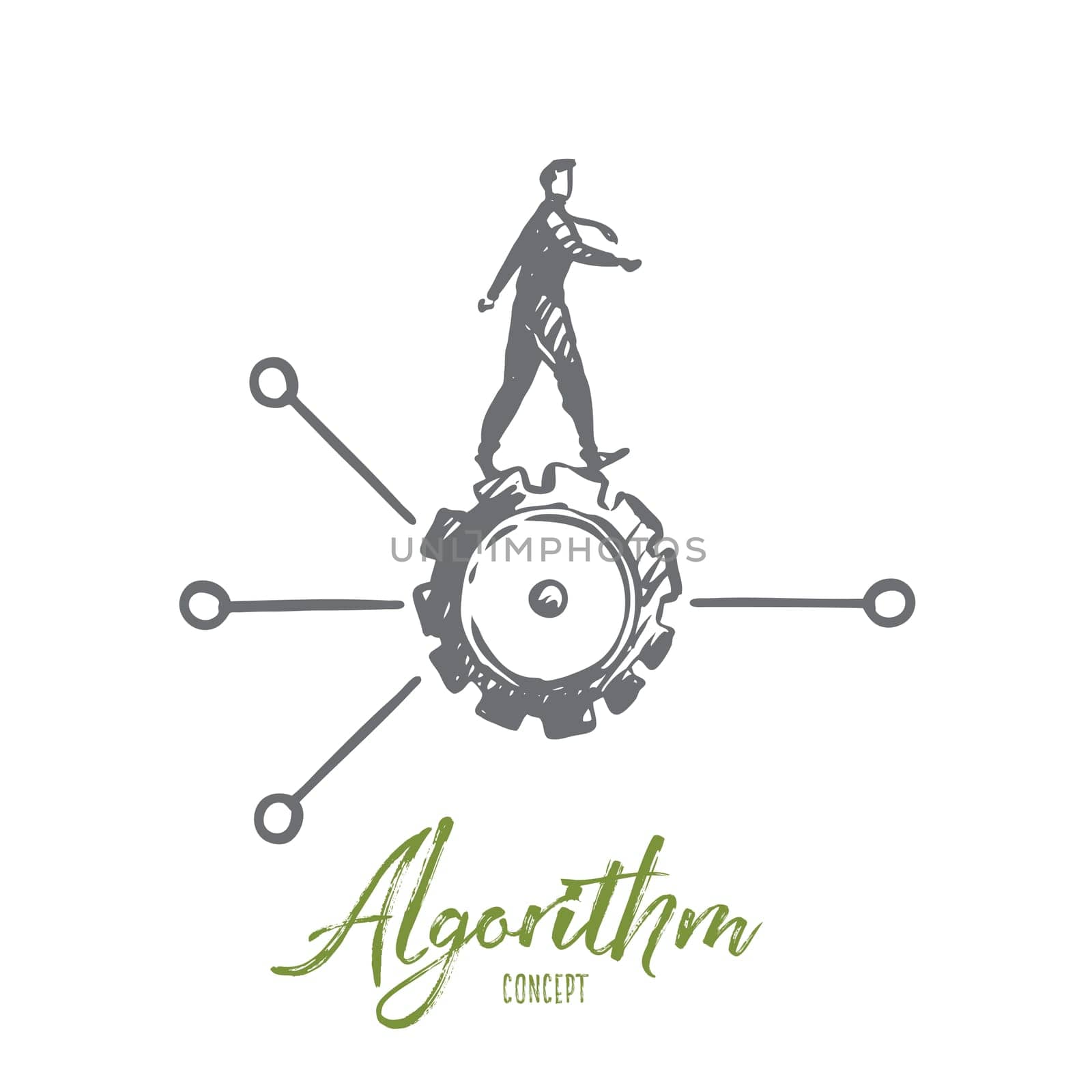 Algorithm, data, user, element, software concept. Hand drawn man on cogwheel and scheme concept sketch. Isolated vector illustration.