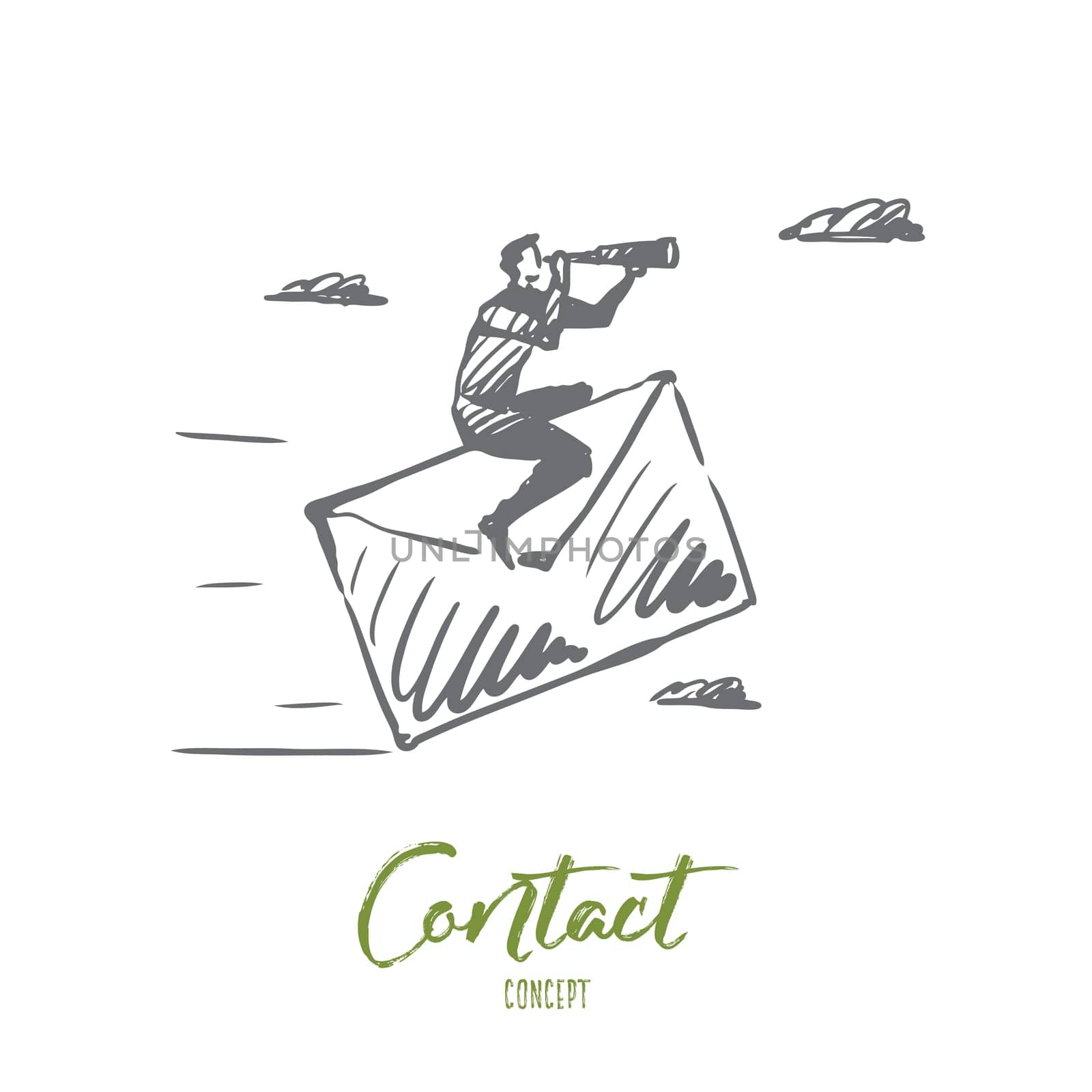 Contact us, mail, customer, service concept. Hand drawn man sitting on paper mail concept sketch. Isolated vector illustration.