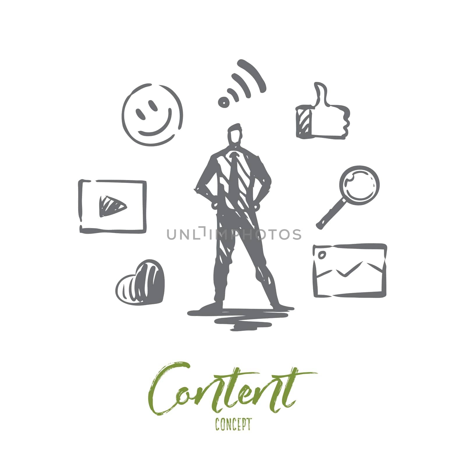 Content, internet, media, strategy, network concept. Hand drawn content manager and symbols of network concept sketch. Isolated vector illustration.