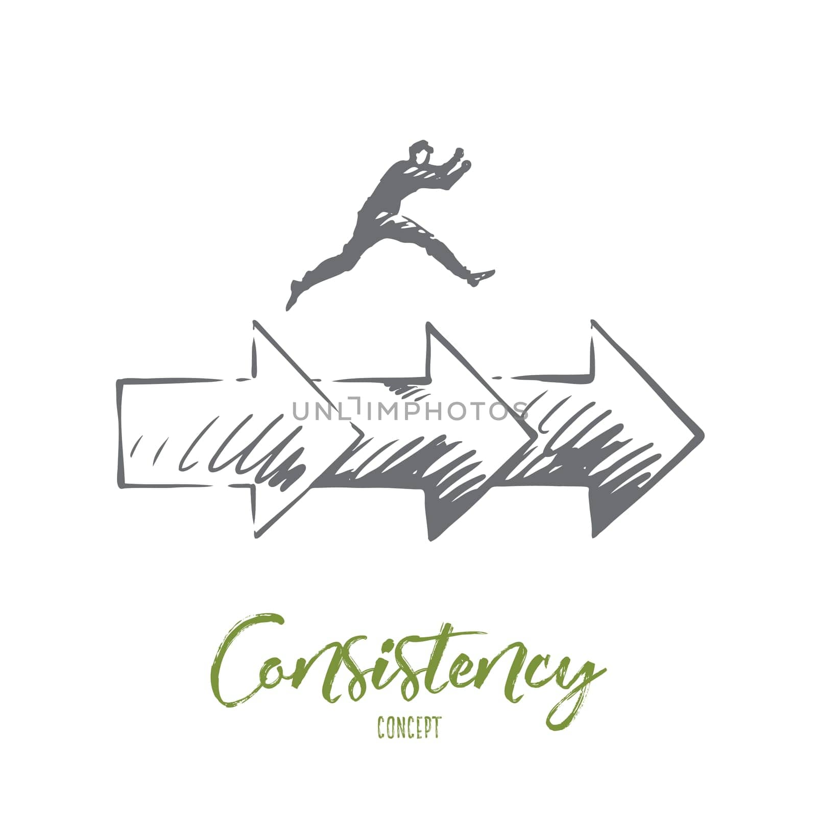 Consistency, business, arrow, success concept. Hand drawn man jumping on arrows concept sketch. Isolated vector illustration.