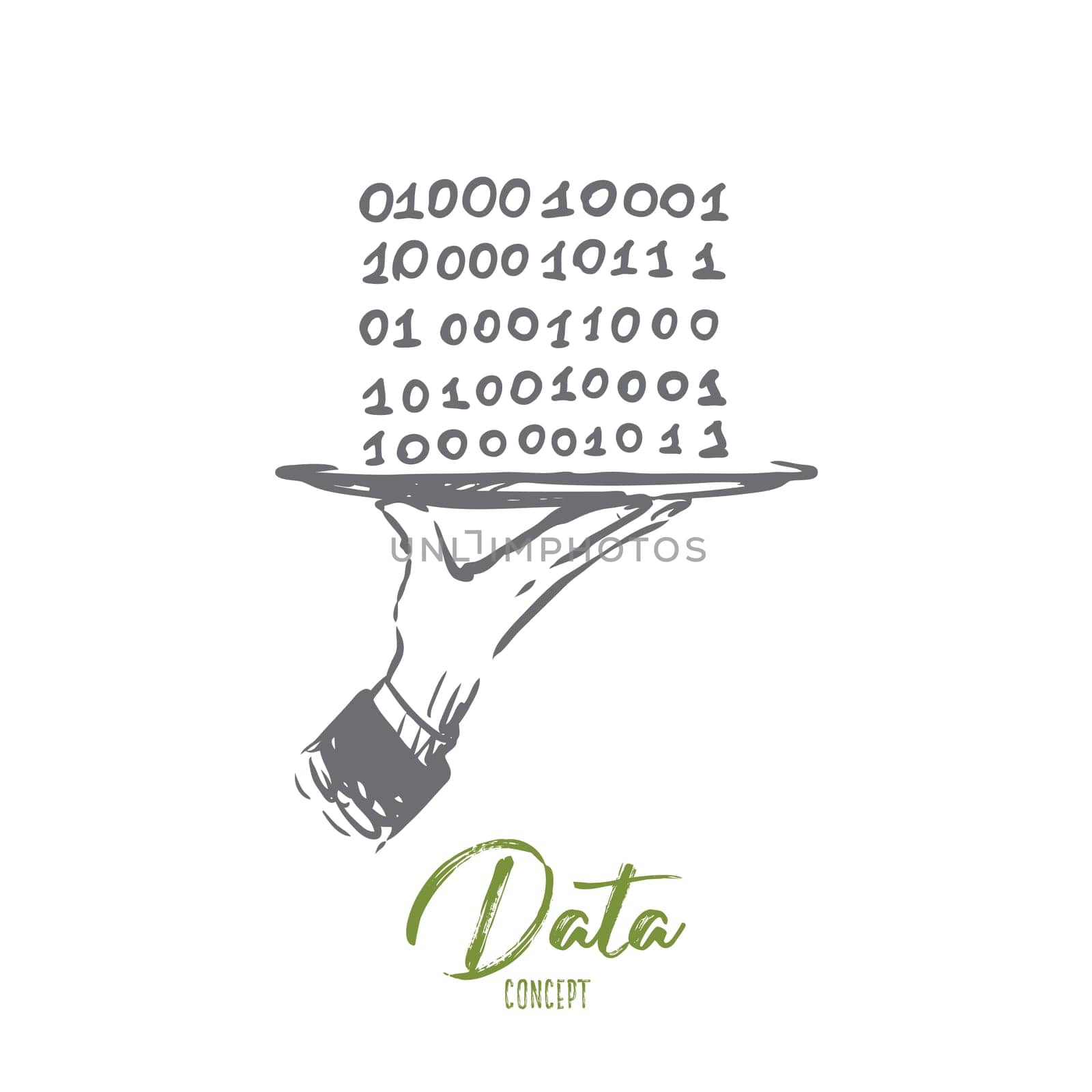 Data, digital, abstract, code, binary concept. Hand drawn digits zero and one on plate concept sketch. Isolated vector illustration.
