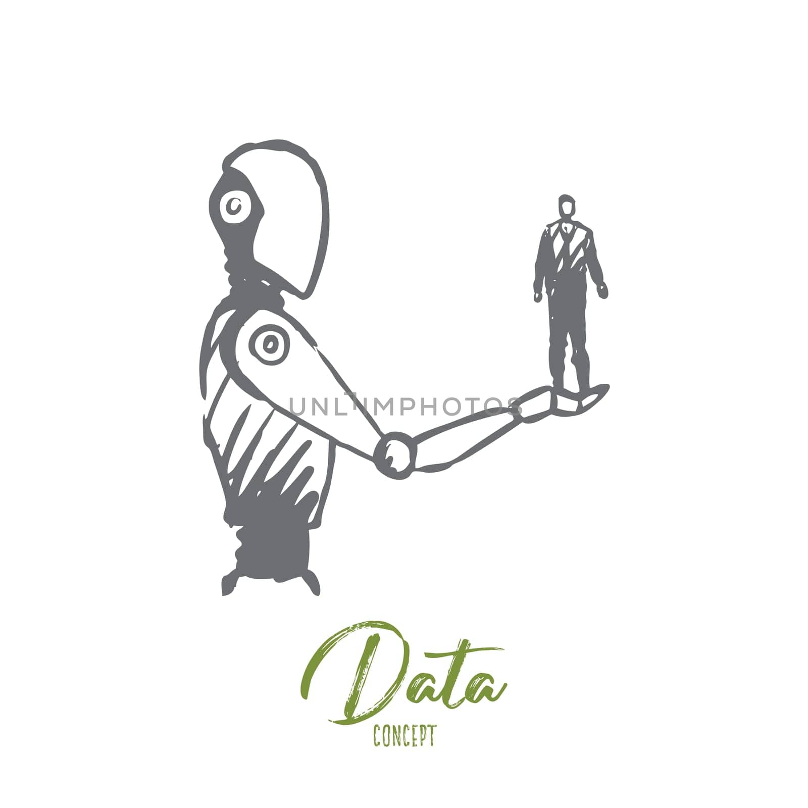 Data, robot, technology, machine, intelligence concept. Hand drawn human on hand of robotic concept sketch. Isolated vector illustration.