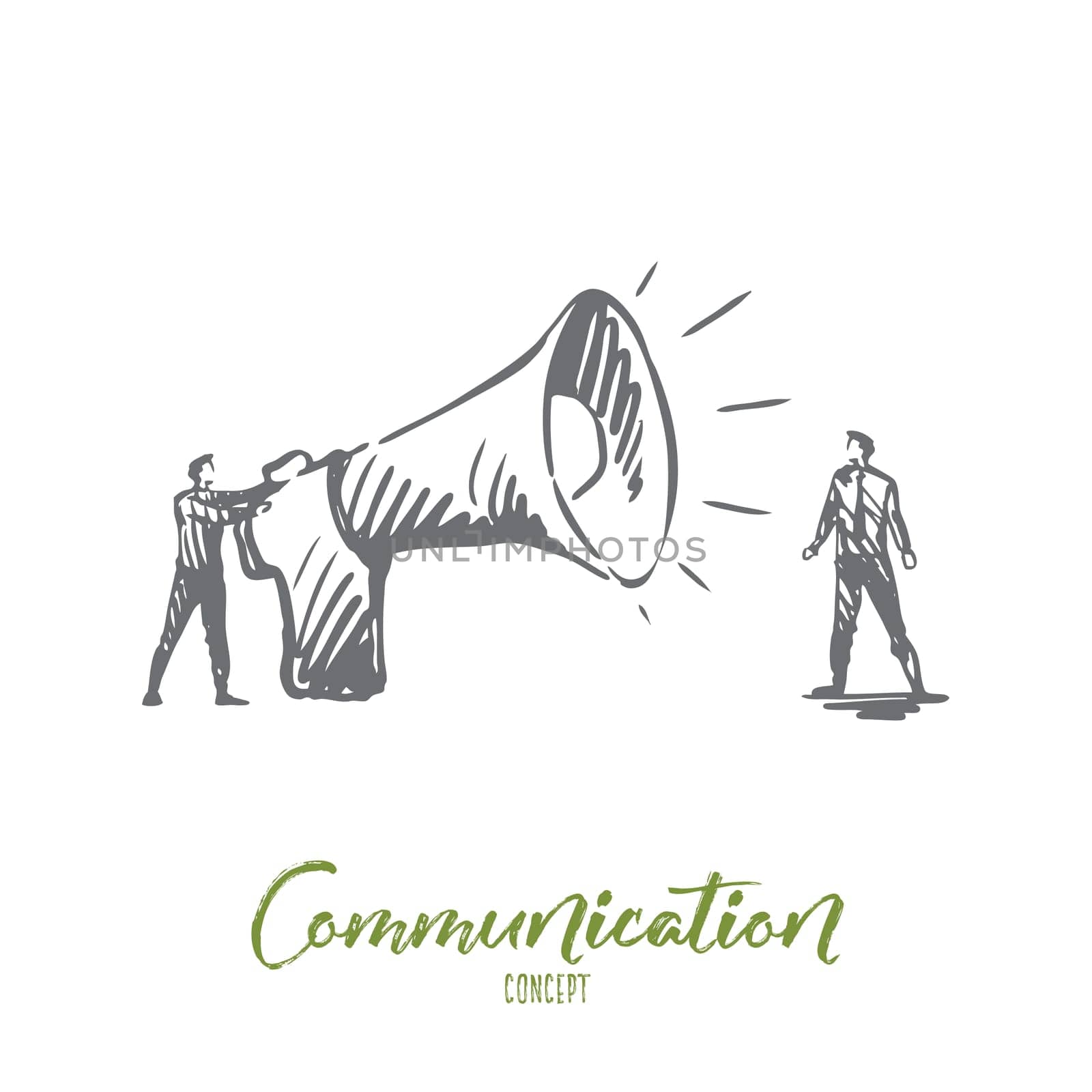 Communication, speaker, megaphone, announcement concept. Hand drawn person with big megaphone concept sketch. Isolated vector illustration.
