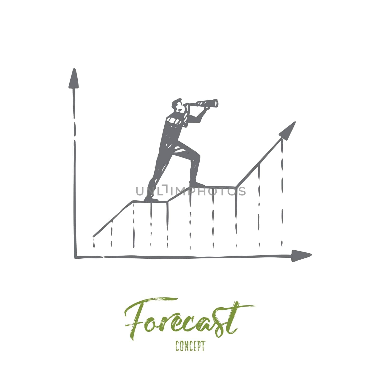 Forecast, graph, growth, progress, diagram concept. Hand drawn businessman looking through spyglass concept sketch. Isolated vector illustration.