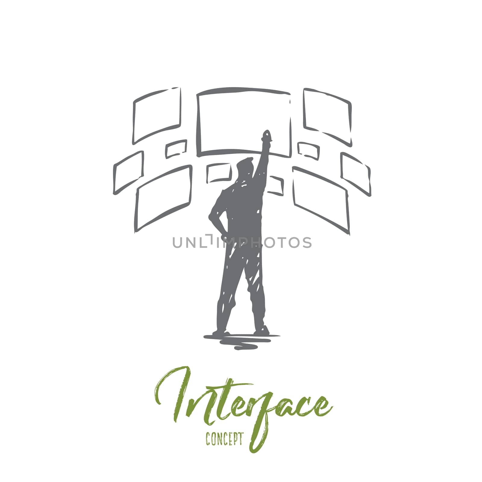 Interface, design, page, screen, layout concept. Hand drawn developer and interface screens concept sketch. Isolated vector illustration.
