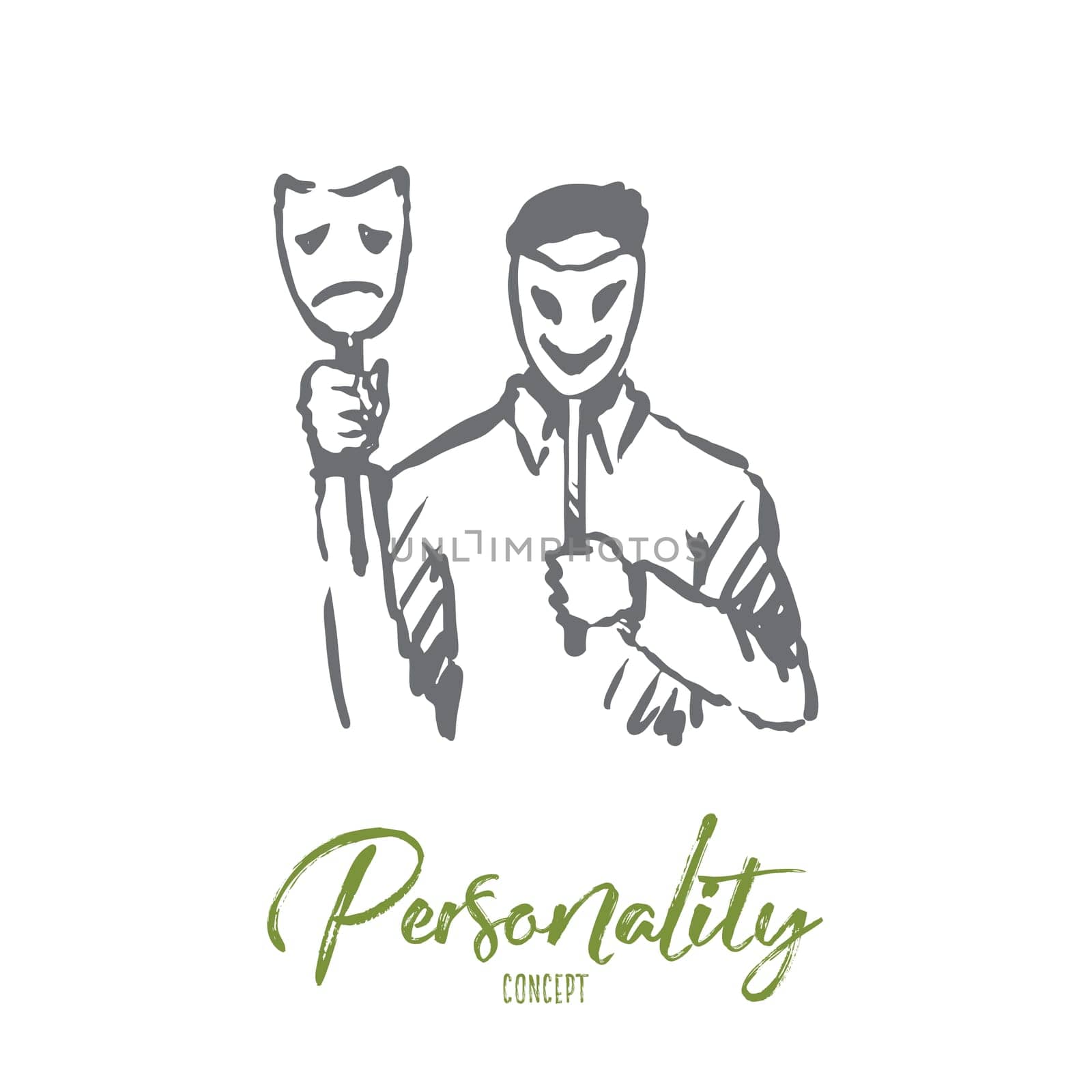 Personality, character, man, face, psychology concept. Hand drawn person with mask on face concept sketch. Isolated vector illustration.
