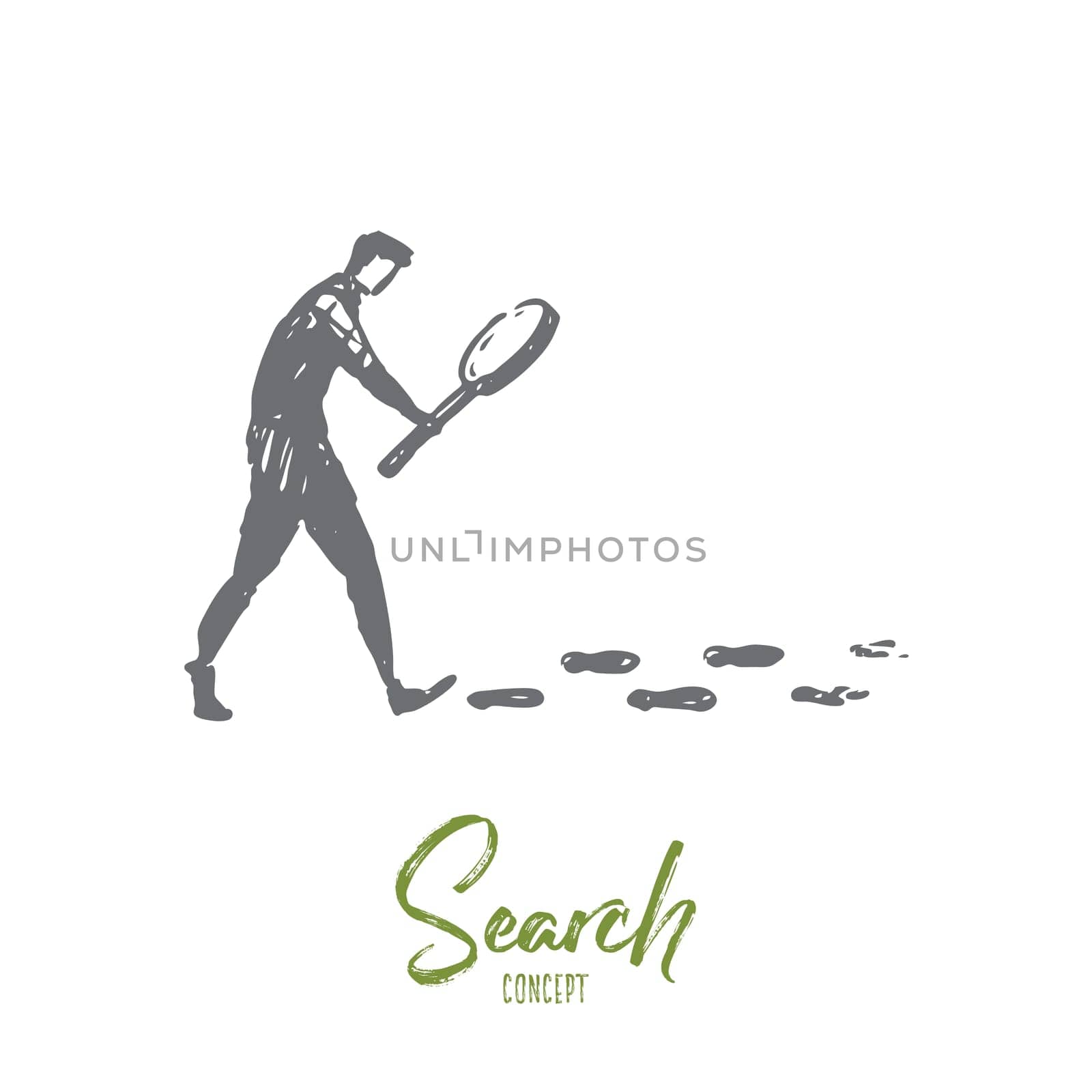 Search, magnifier, detective, glass, internet concept. Hand drawn person searching with magnifying glass concept sketch. Isolated vector illustration.