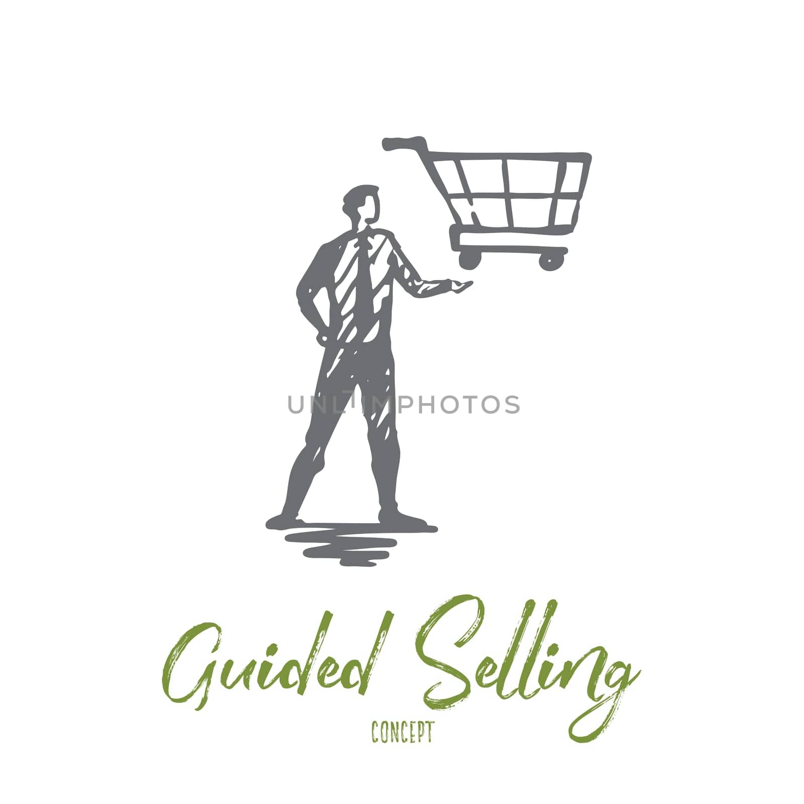 Guided selling, shop, market, basket, customer concept. Hand drawn manager with trolley on hand concept sketch. Isolated vector illustration.