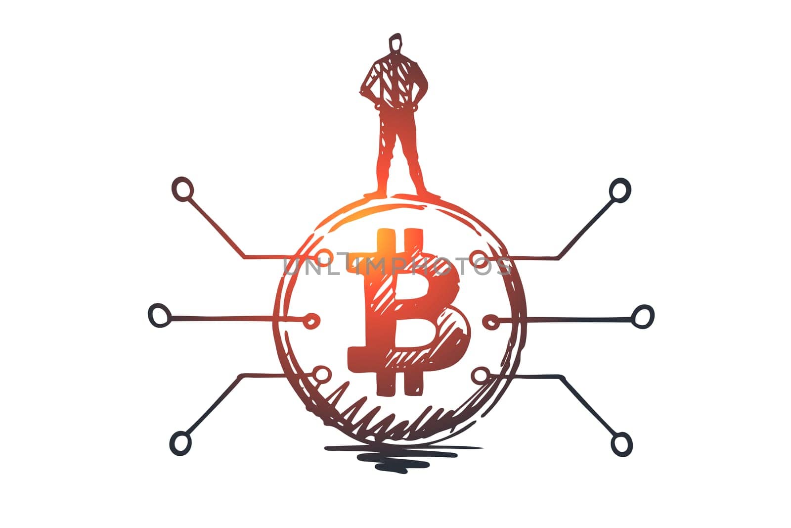 Cryptocurrency, digital, finance, coin concept. Hand drawn man stand on bitcoin concept sketch. Isolated vector illustration.