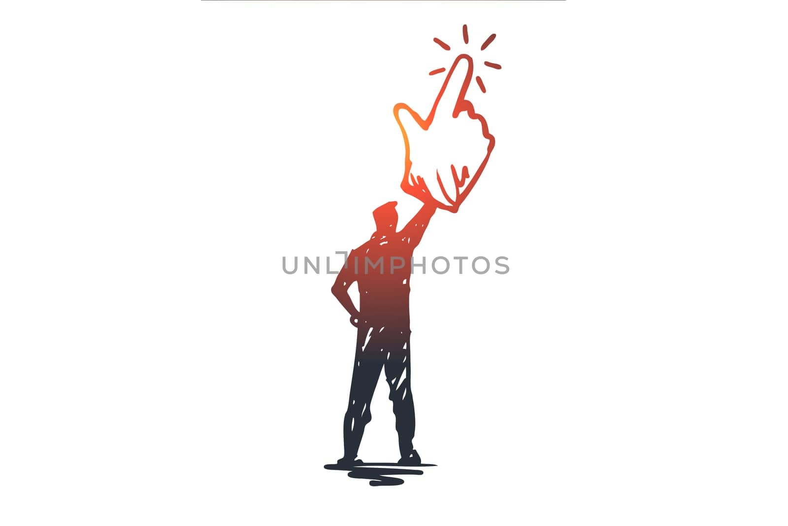 Click here, finger, man, push concept. Hand drawn man choosing, click by mouse concept sketch. Isolated vector illustration.