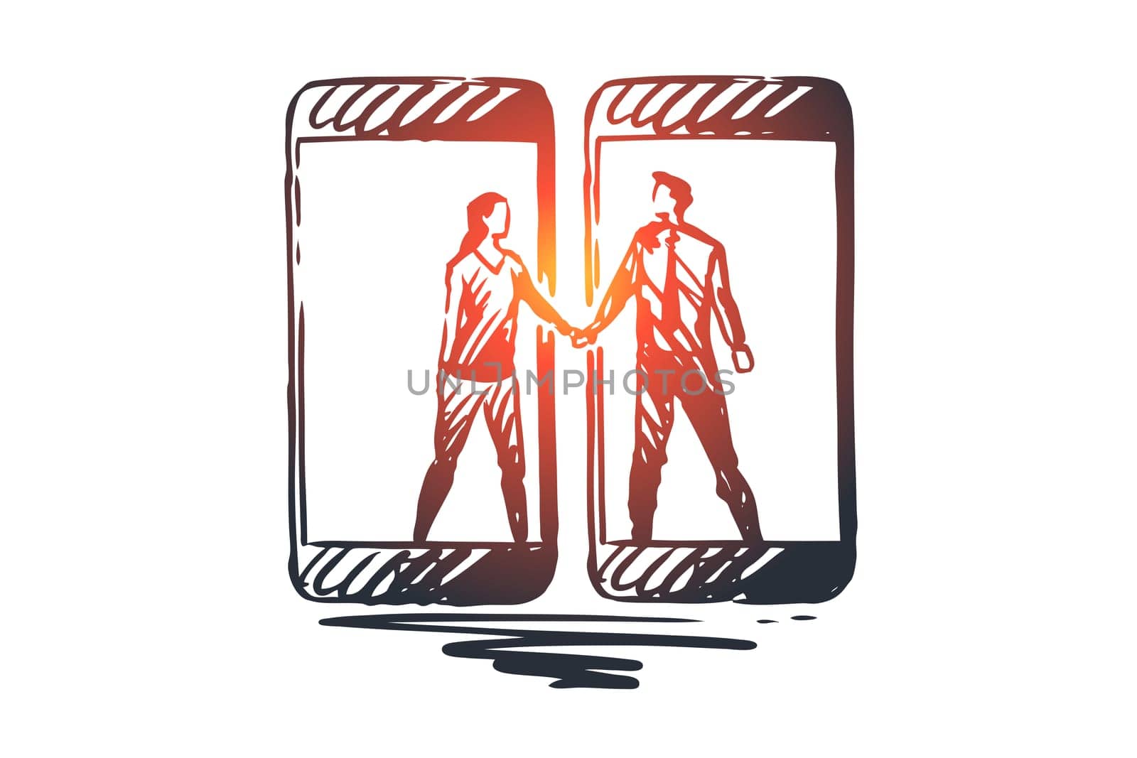 Friends, mobile, network, connection, gadget concept. Hand drawn friends communicate through mobile phone concept sketch. Isolated vector illustration.