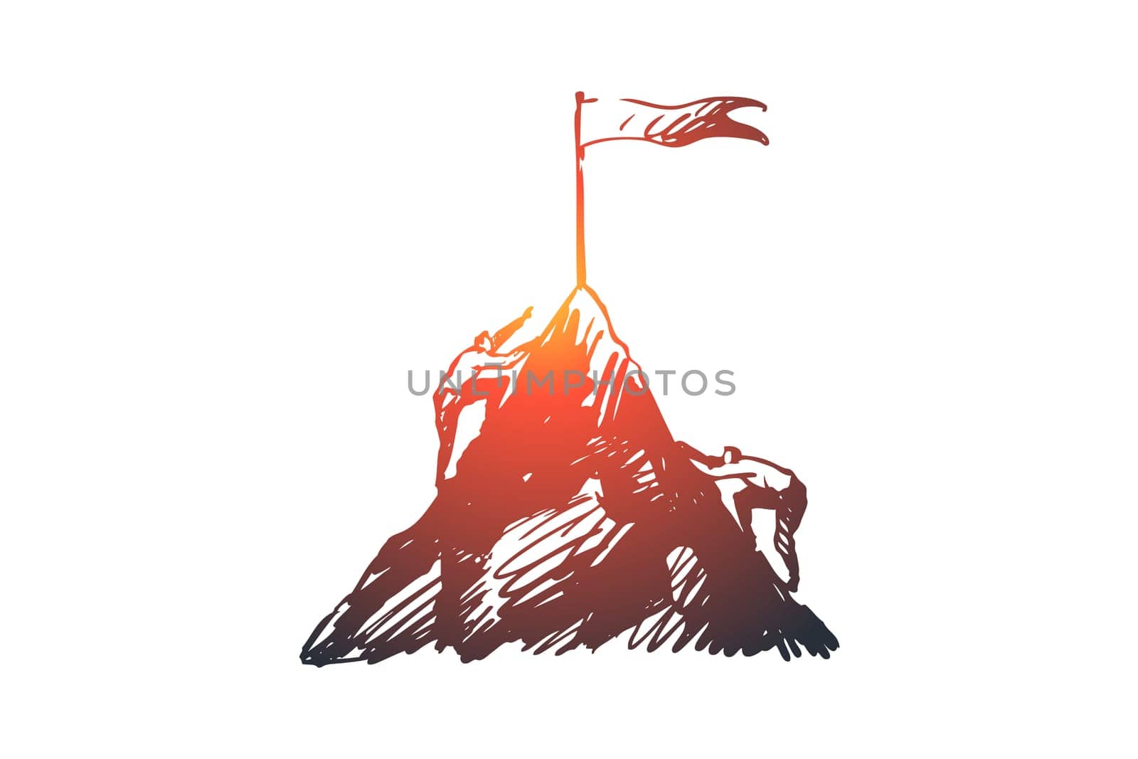 Goals, mountain, challenge, business, peak concept. Hand drawn businessman climbing on mountain concept sketch. Isolated vector illustration.
