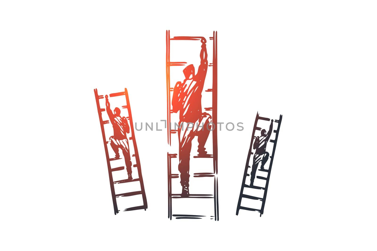 Motivation, stairs, success, career, goal concept. Hand drawn businessman climbs the stairs concept sketch. Isolated vector illustration.