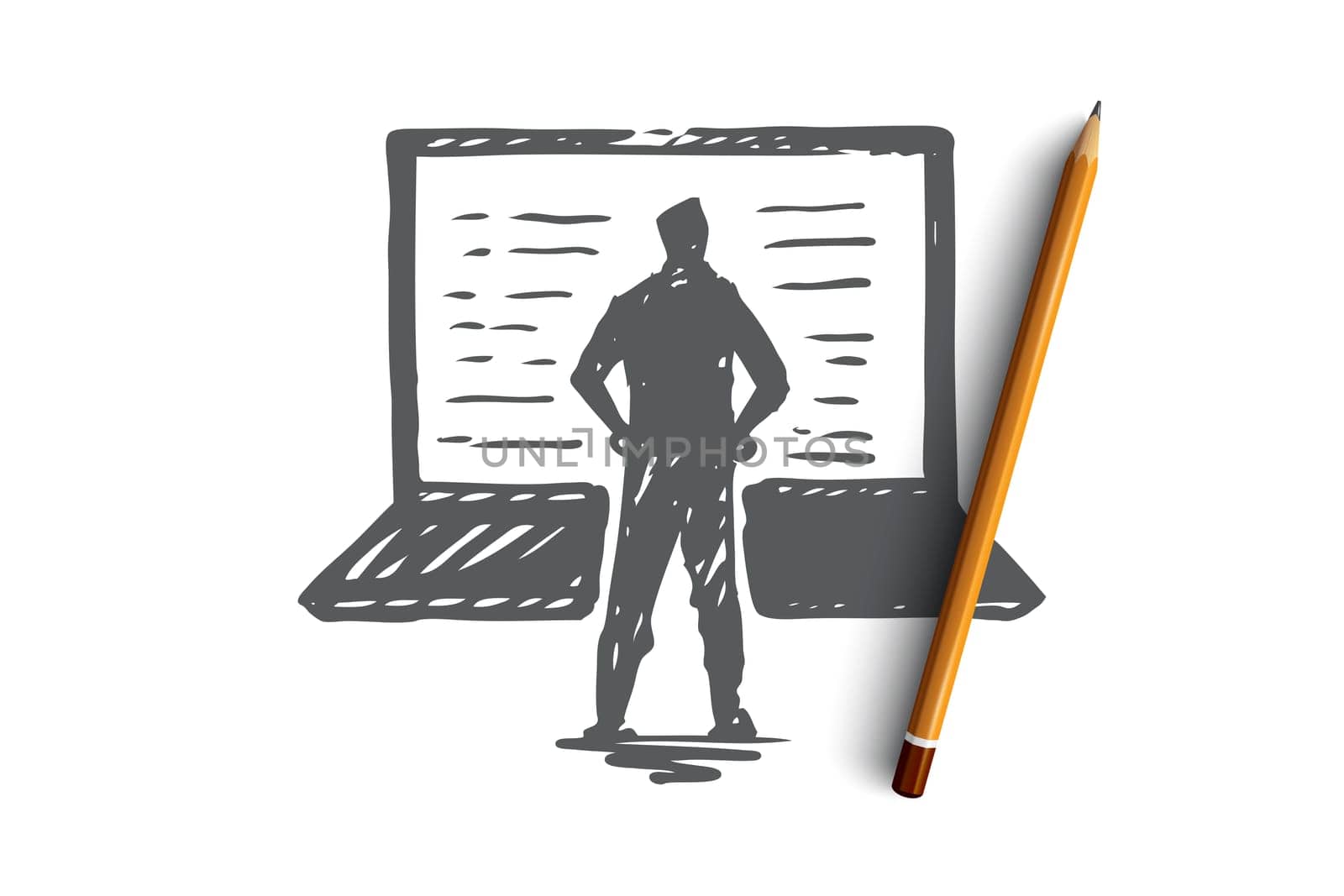 Computer, laptop, person, work, technology concept. Hand drawn person and modern laptop concept sketch. Isolated vector illustration.