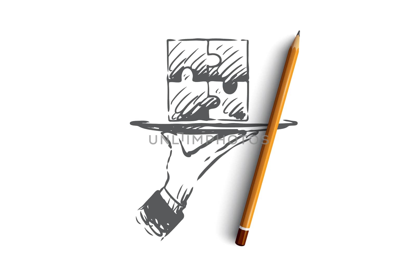 Results, puzzle, connection, solution, teamwork concept. Hand drawn puzzle completed, symbol of result concept sketch. Isolated vector illustration.