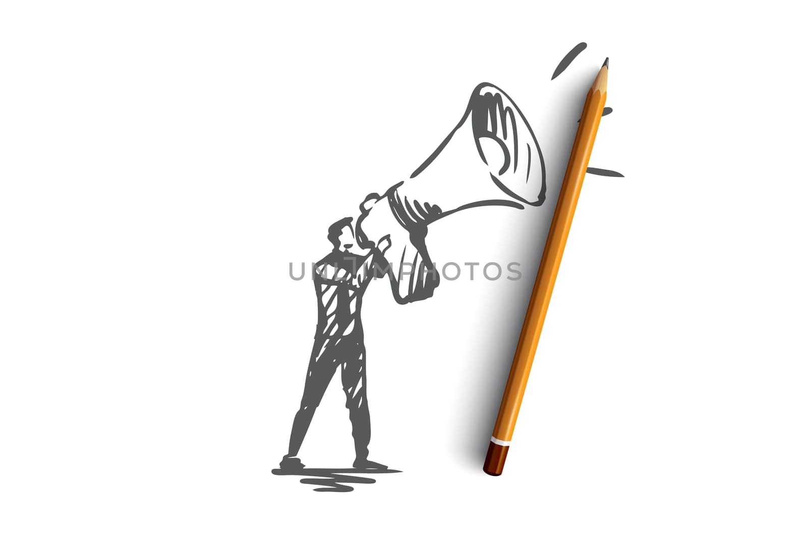 Public, advertising, communication, pr, media concept. Hand drawn pr manager with megaphone concept sketch. Isolated vector illustration.