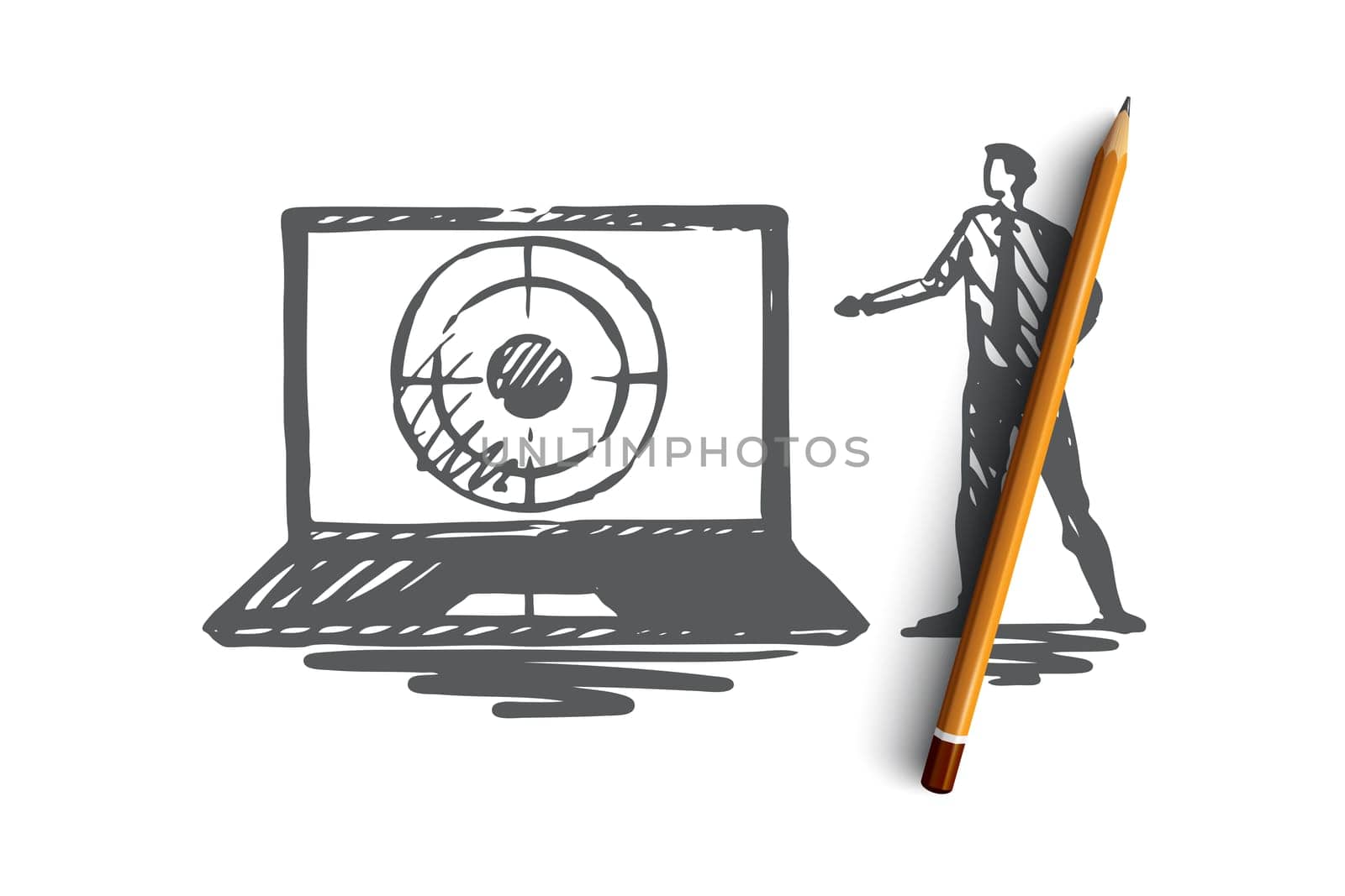 Seo, marketing, optimization, search, media concept. Hand drawn seo manager and laptop with target concept sketch. Isolated vector illustration.