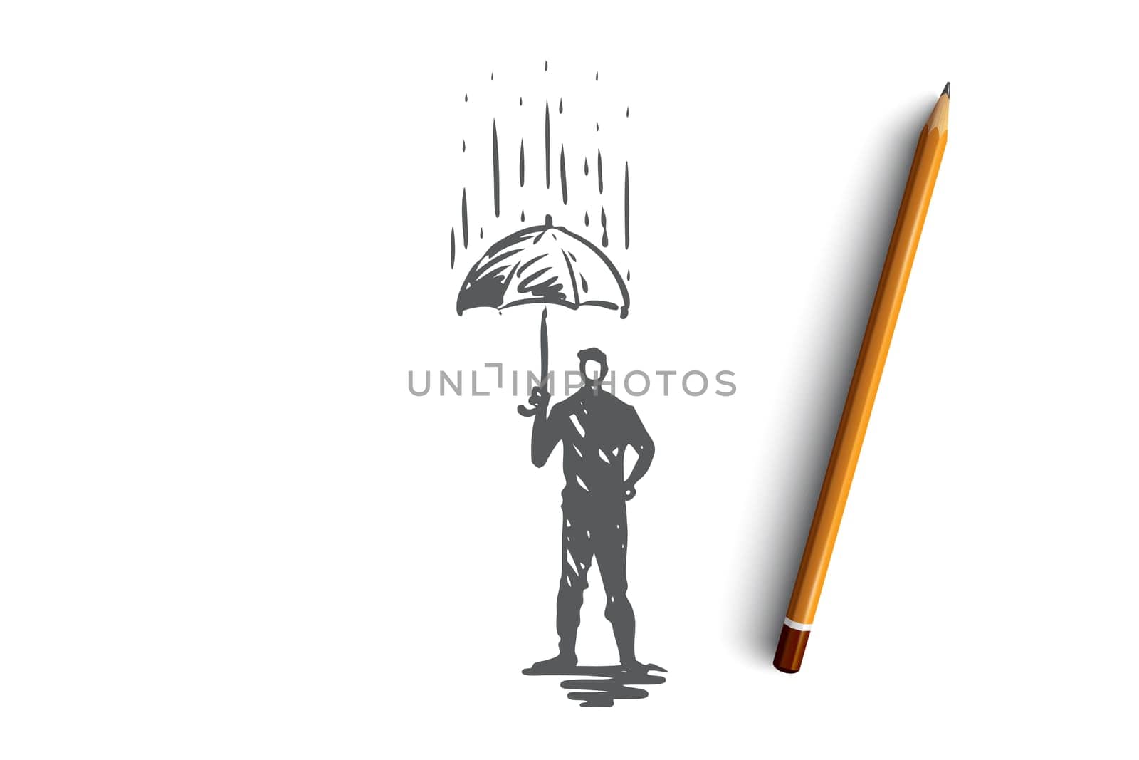 Reliability, safety, protect, safe, secure concept. Hand drawn person with umbrella under rain concept sketch. Isolated vector illustration.