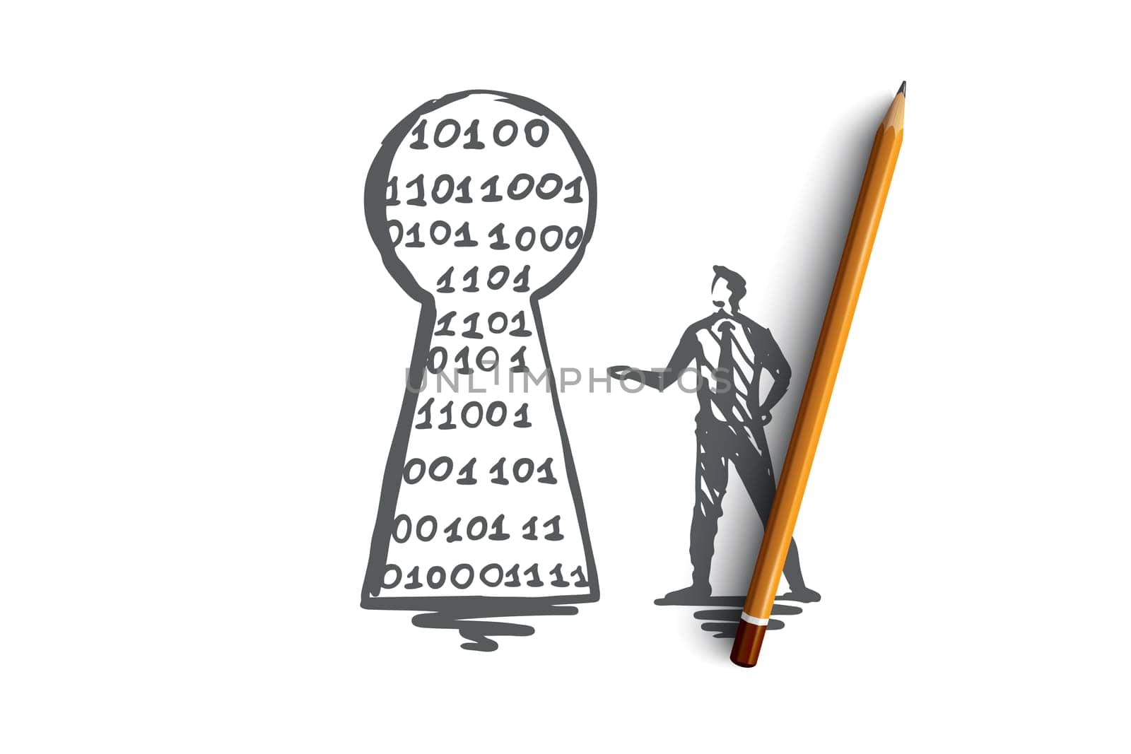 Security, protection, secure, network, safety concept. Hand drawn person and keyhole concept sketch. Isolated vector illustration.