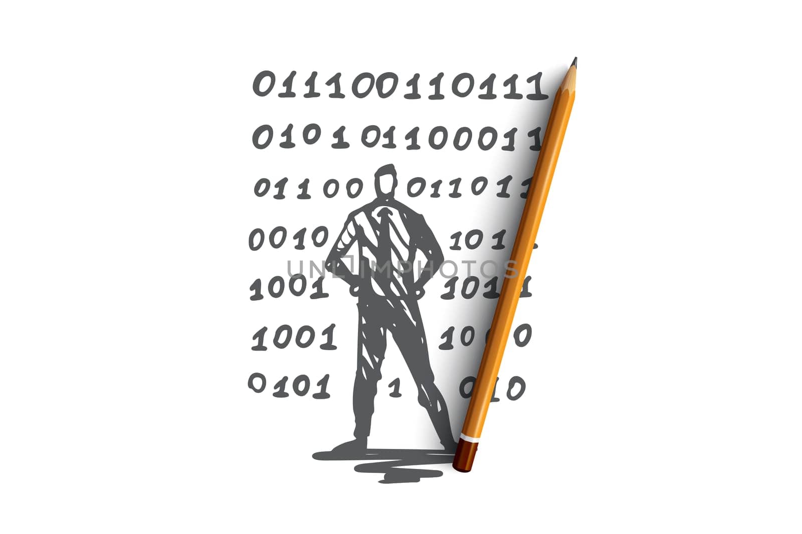 Source code, software, program, development, computer concept. Hand drawn computer programmer and code concept sketch. Isolated vector illustration.
