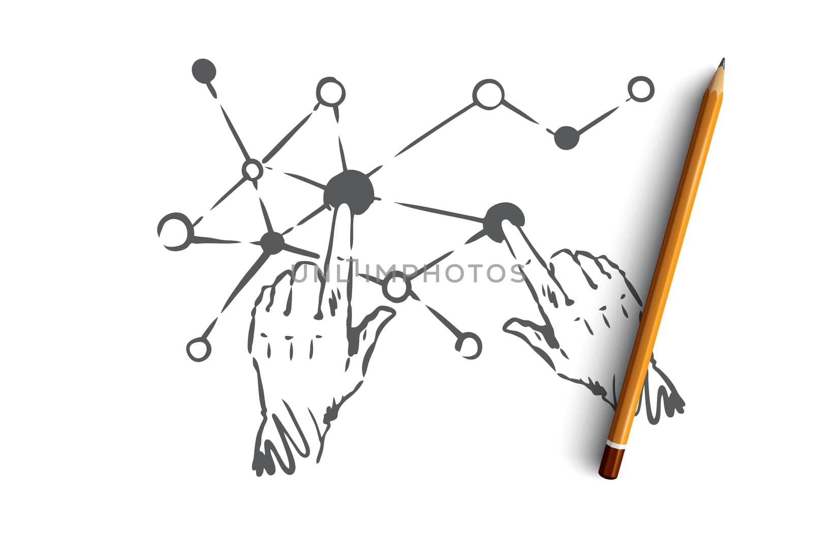 Technology, science, communication, digital, interface concept. Hand drawn human hands and screen connection concept sketch. Isolated vector illustration.