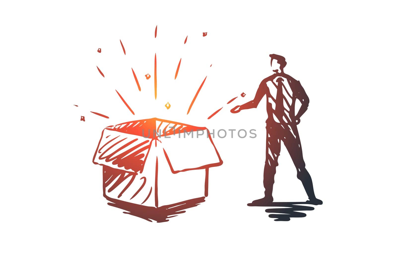 Product, buy, business, shop, commerce concept. Hand drawn customer and product in box concept sketch. Isolated vector illustration.