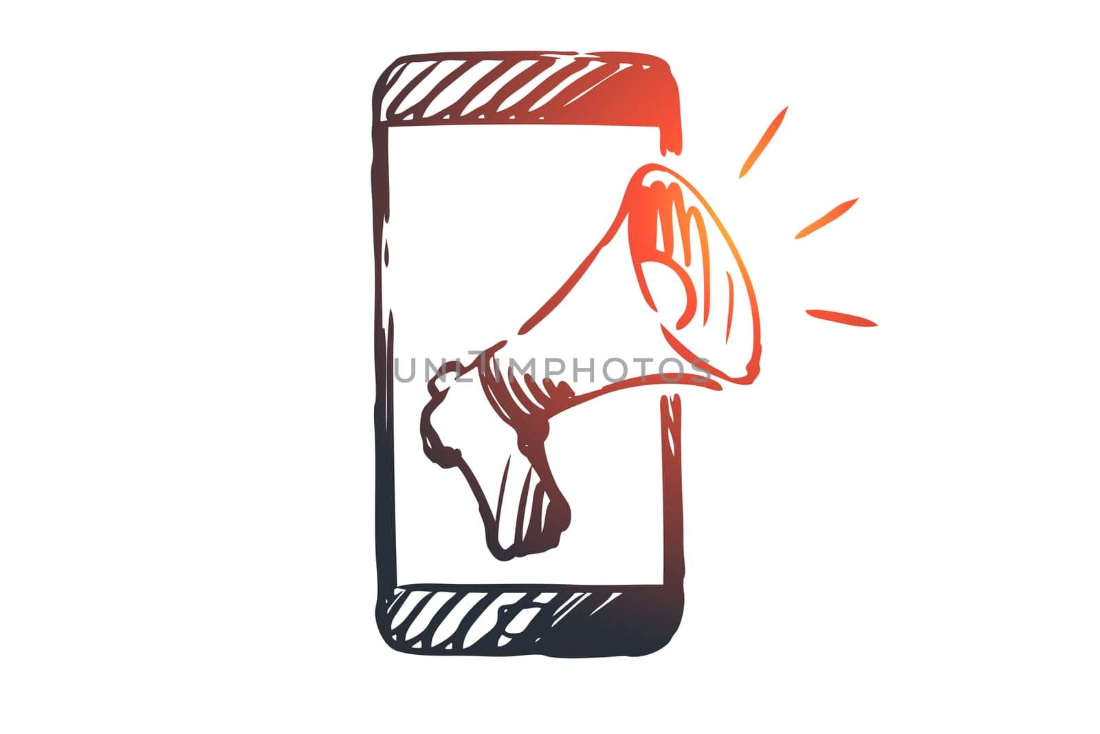 Promotion, mobile phone, advertising, speaker concept. Hand drawn smartphone and megaphone for promotion concept sketch. Isolated vector illustration.