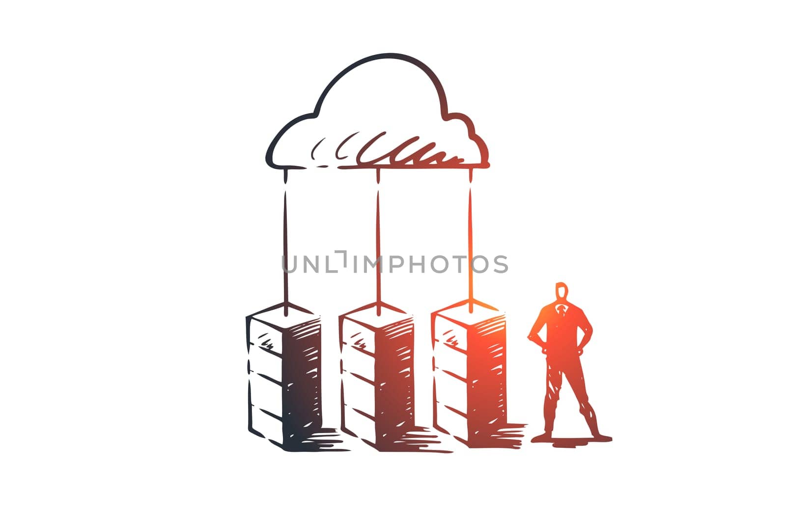 Server, cloud, system, database, storage concept. Hand drawn storage center and manager concept sketch. Isolated vector illustration.