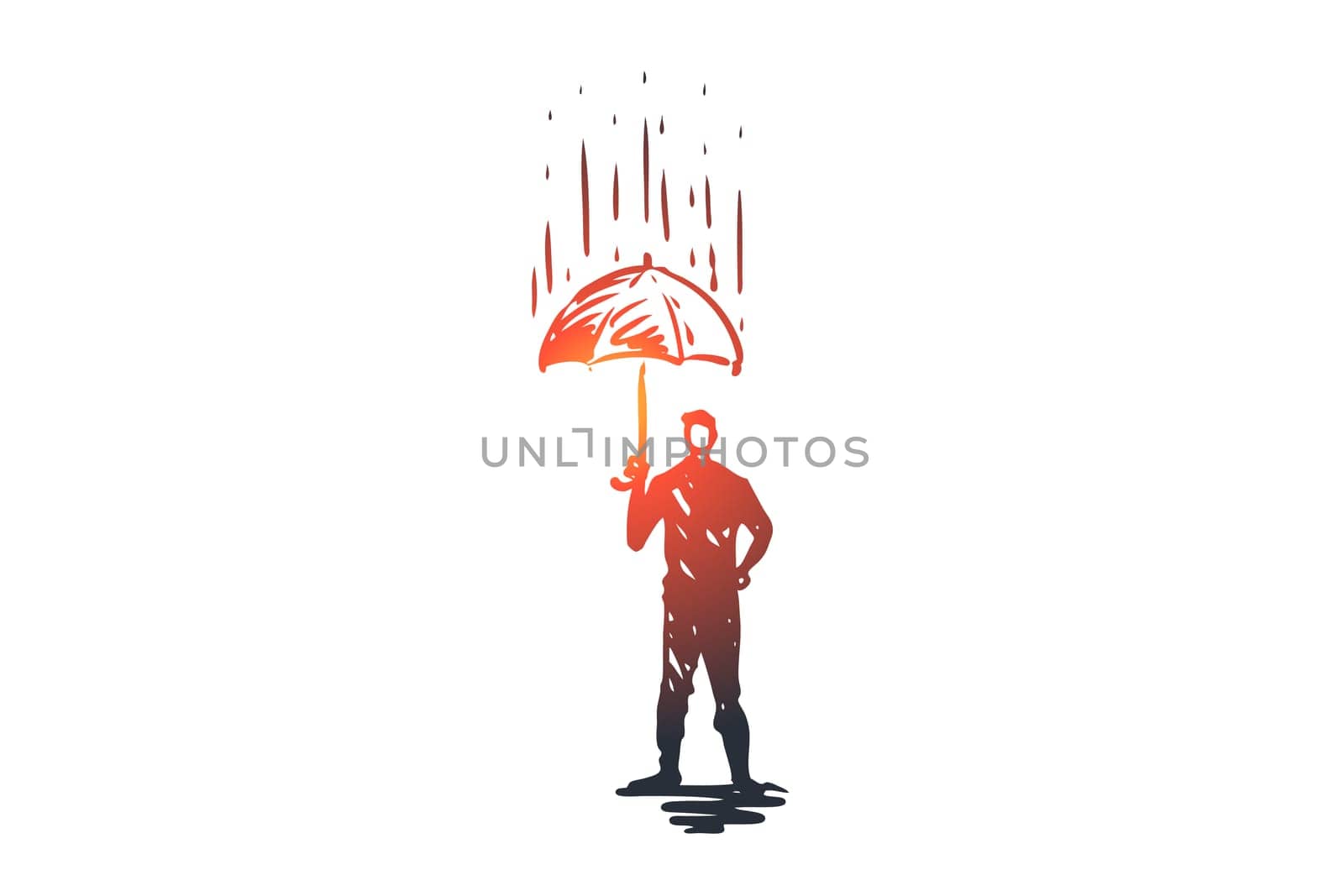 Reliability, safety, protect, safe, secure concept. Hand drawn person with umbrella under rain concept sketch. Isolated vector illustration.