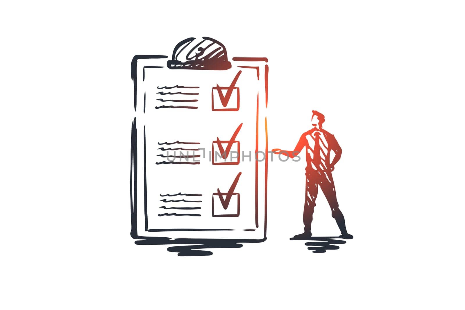 Questionnaire, form, test, checklist, survey concept. Hand drawn person and survey form concept sketch. Isolated vector illustration.