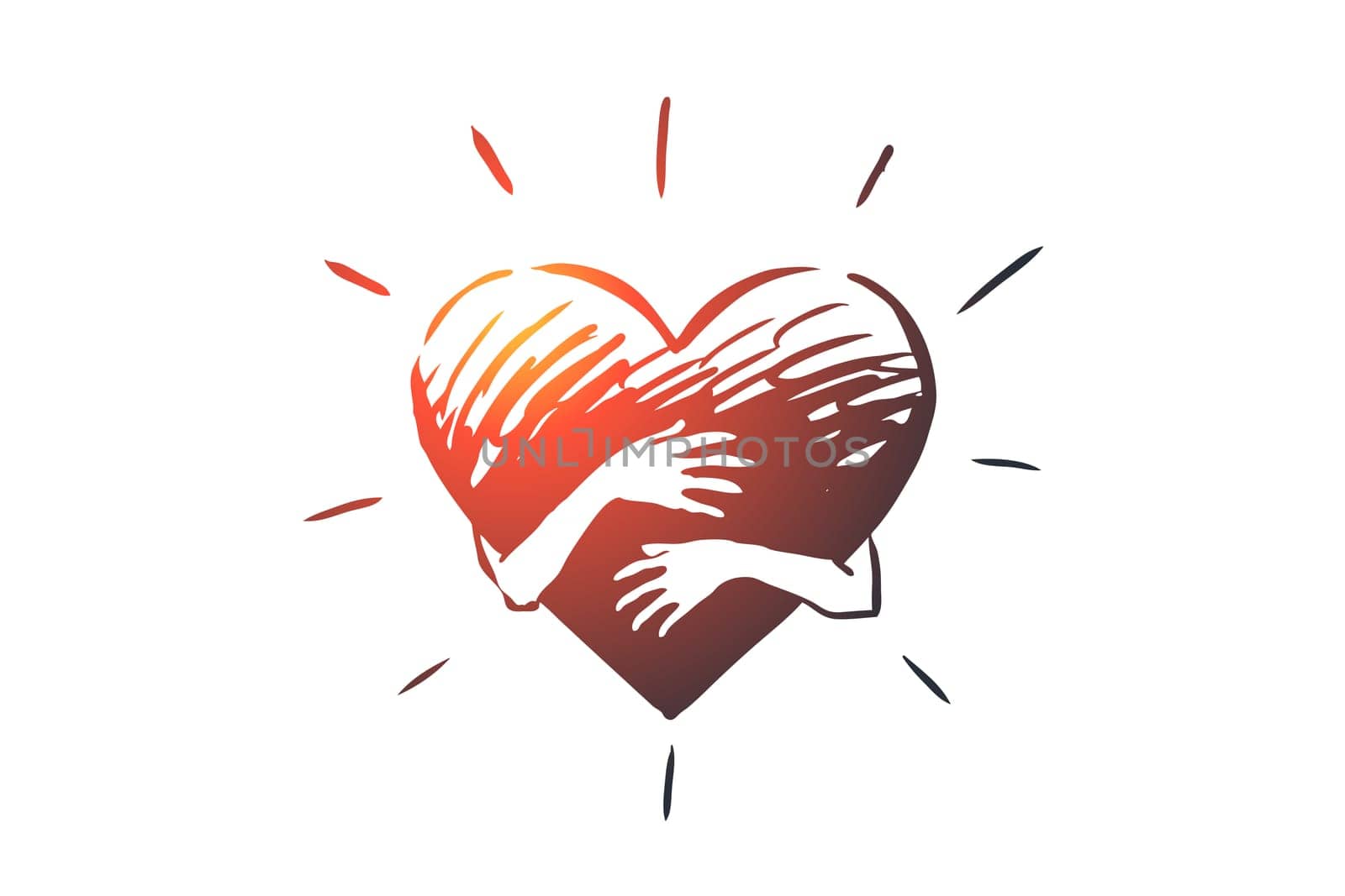 Sincerity, love, care, hand, heart concept. Hand drawn hands hug heart concept sketch. Isolated vector illustration.