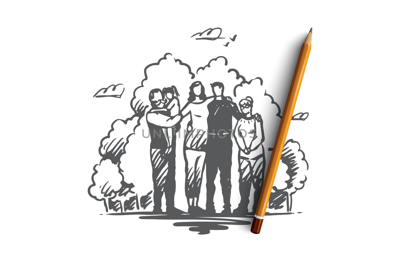 Family, togetherness, spending time with relatives vector concept. Parents, grandparents and child on grandfather's hands in park together. Hand drawn sketch isolated illustration