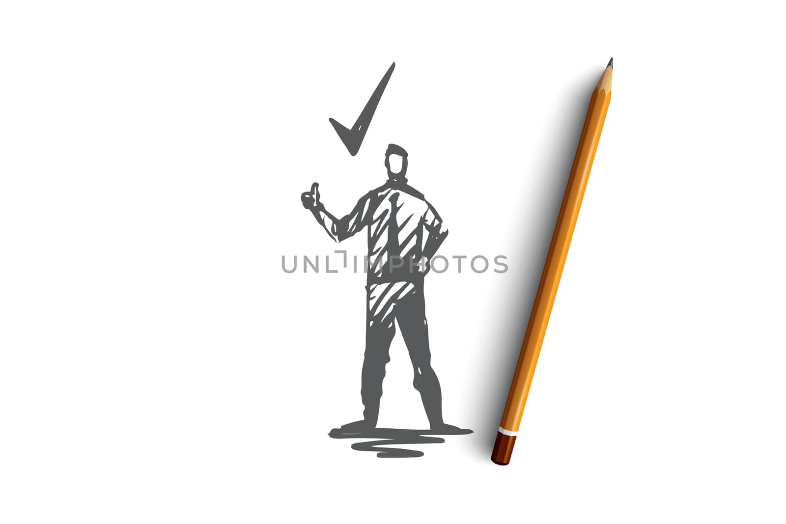 Approval, check, certified, tick, stamp concept. Hand drawn person and symbol of approval concept sketch. Isolated vector illustration.