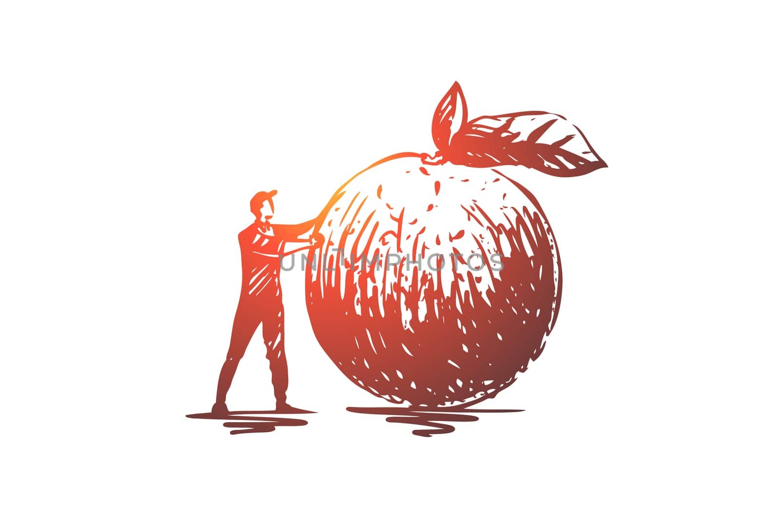 Apple, food, fruit, fresh, organic concept. Hand drawn man and big apple concept sketch. Isolated vector illustration.