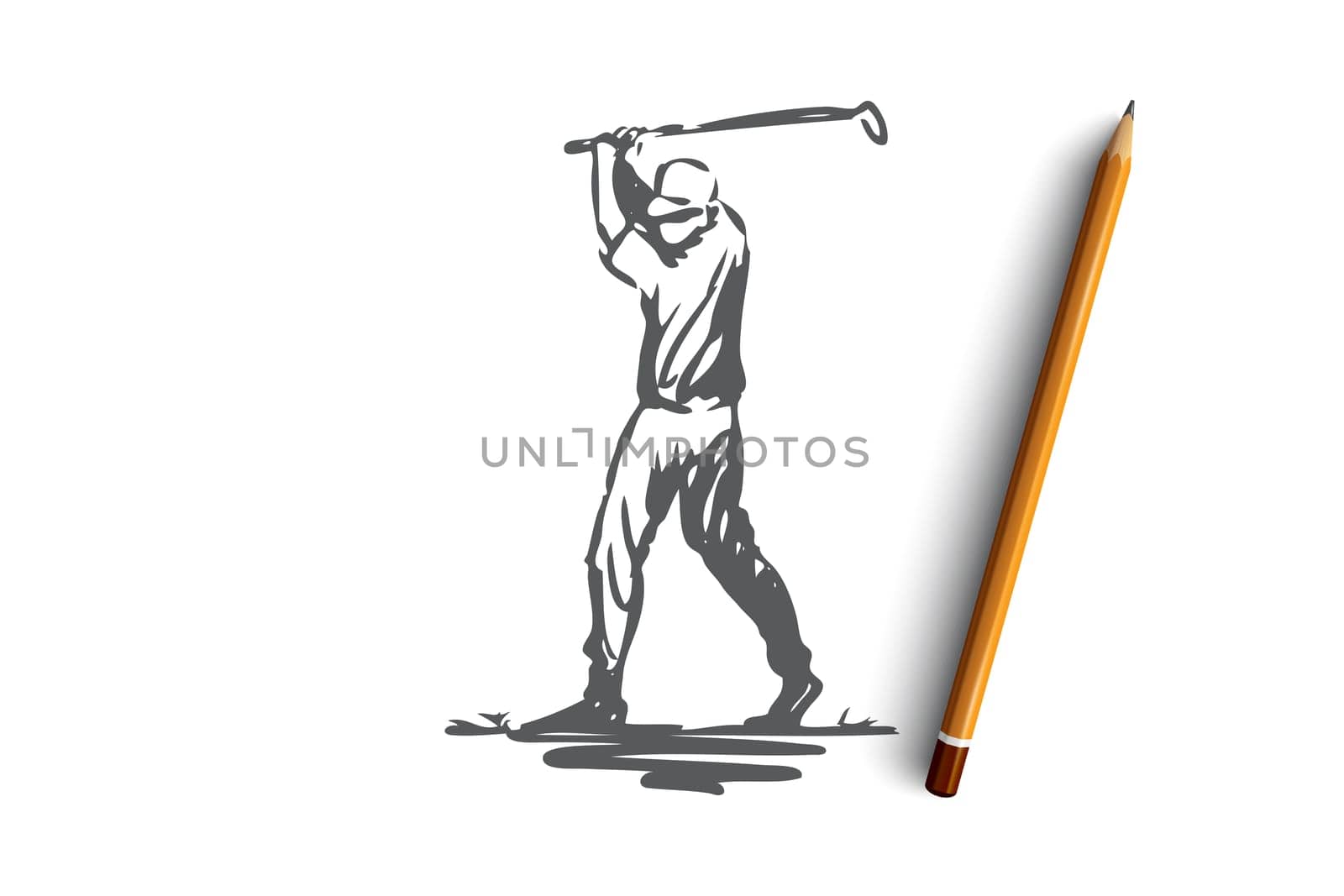 Golf, game, training, sport, golfing concept. Hand drawn golf player in action concept sketch. Isolated vector illustration.
