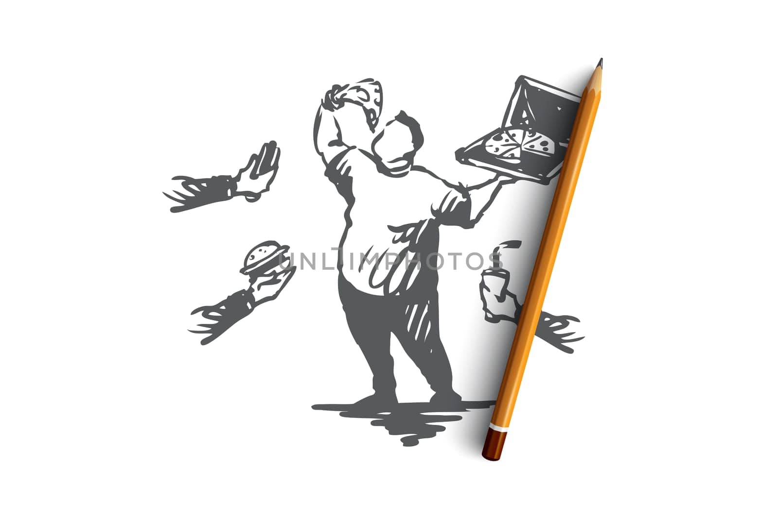 Overeating, fast food, obesity vector concept. Fat man surrounded by fast food items eating pizza from pack. Hand drawn sketch isolated illustration